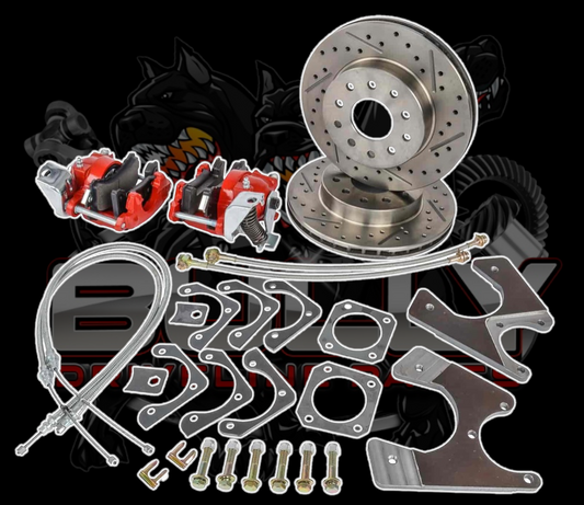 GM 10 & 12 Bolt Rear Disc Brake Conversion Kit for 1964-1972 [Premium Kit with E-Brake & Red Calipers]